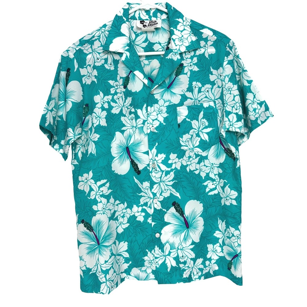 Vintage Hilo Hattie Mens Hawaiian Shirt‎ Teal White Hibiscus Floral Medium